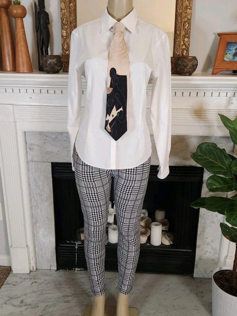 Vintage 90s Picasso Collection Silk Cream Black Tie Woman Playing Guitar Artsy